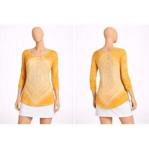 Lucky Brand Boho orange Geometric Print Top Small 3/4 Sleeve Soft festival